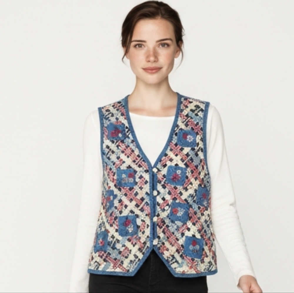 Casey & Max Grannycore Denim Floral Patchwork Woven Front Button Vest M (A1)
